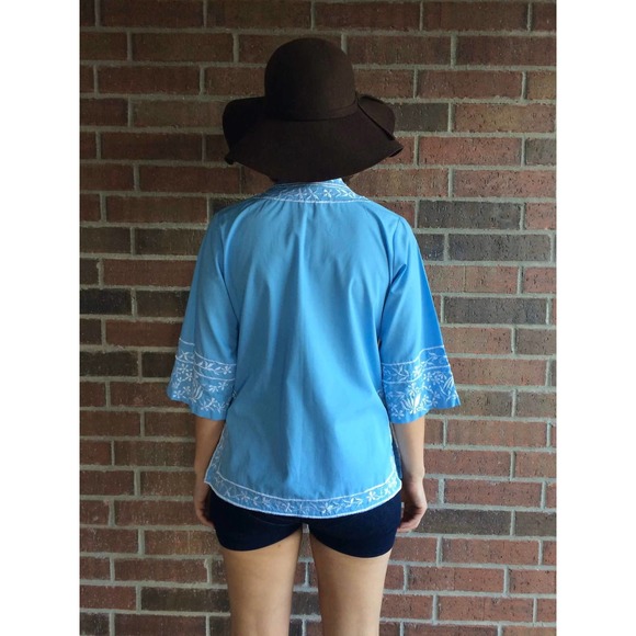 vintage 60s Baby Blue EMBROIDERED BUTTERFLY Medium/Large bell sleeve boho jacket - Picture 10 of 10